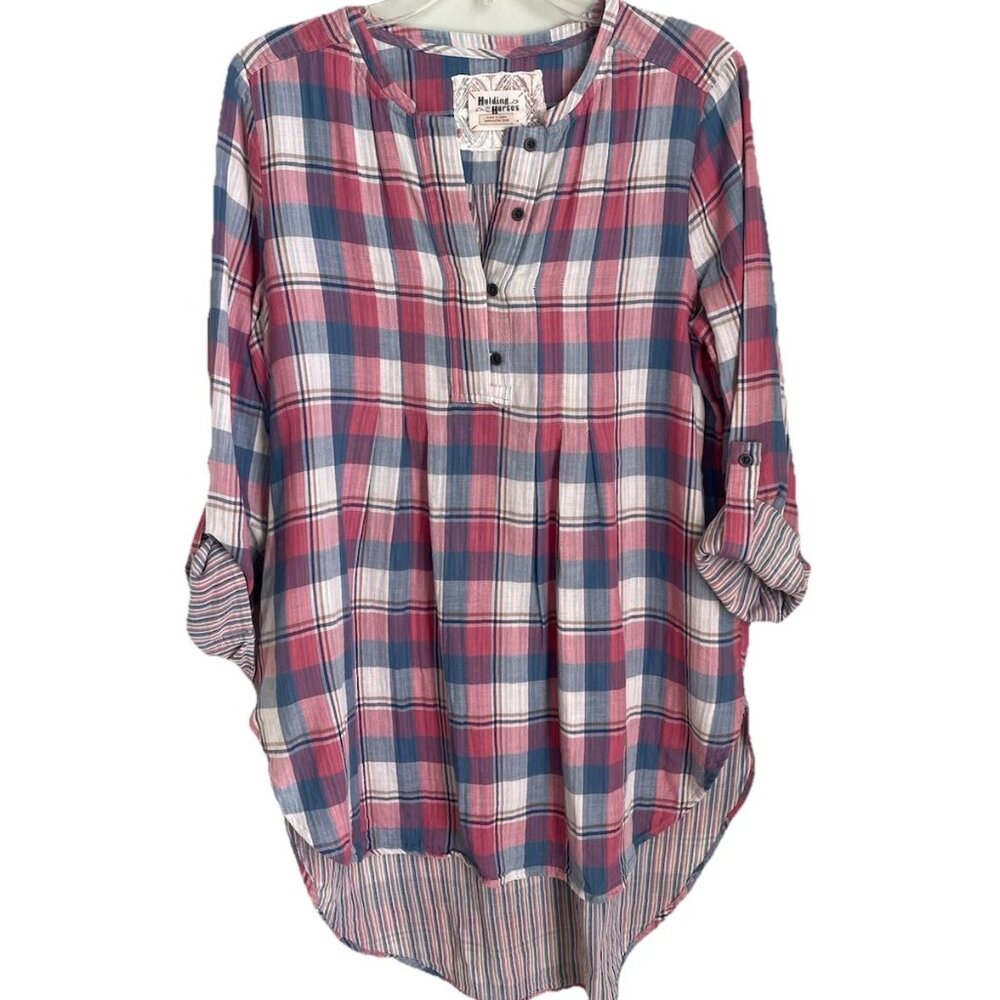 Anthropologie Holding Horses Pink Plaid Gauze Tunic Roll Tab Sleeves